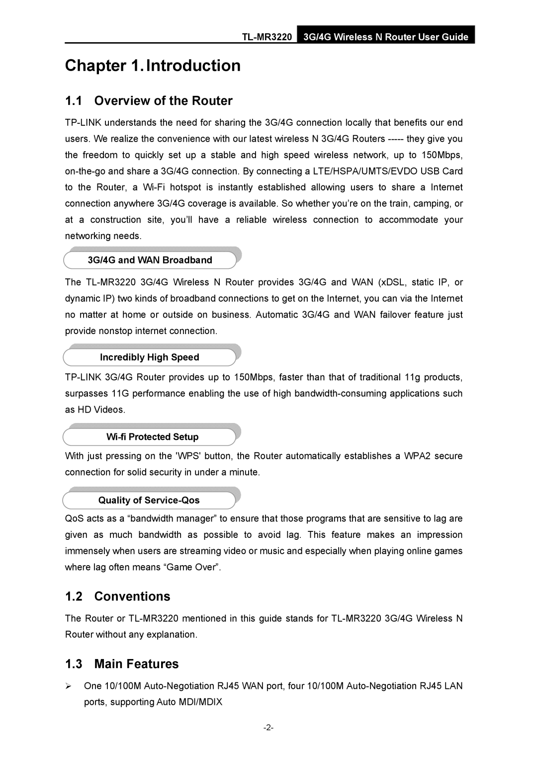 TP-Link TL-MR3220 manual Overview of the Router, Conventions, Main Features 