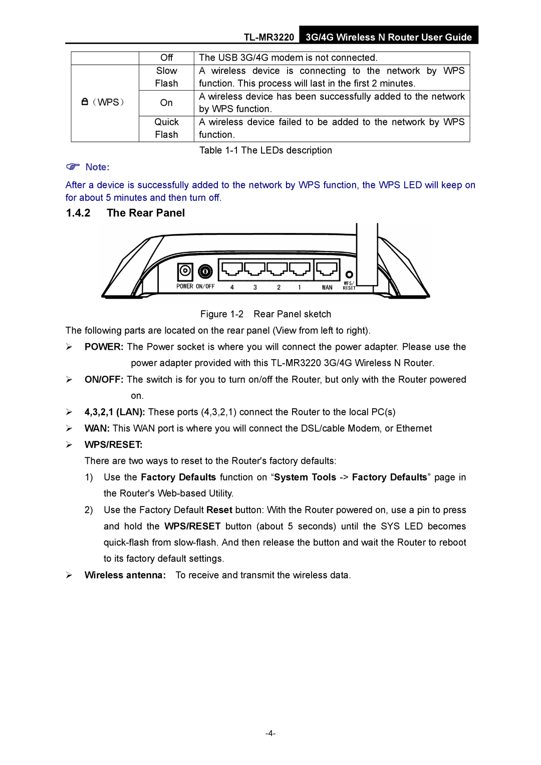 TP-Link TL-MR3220 manual Rear Panel 