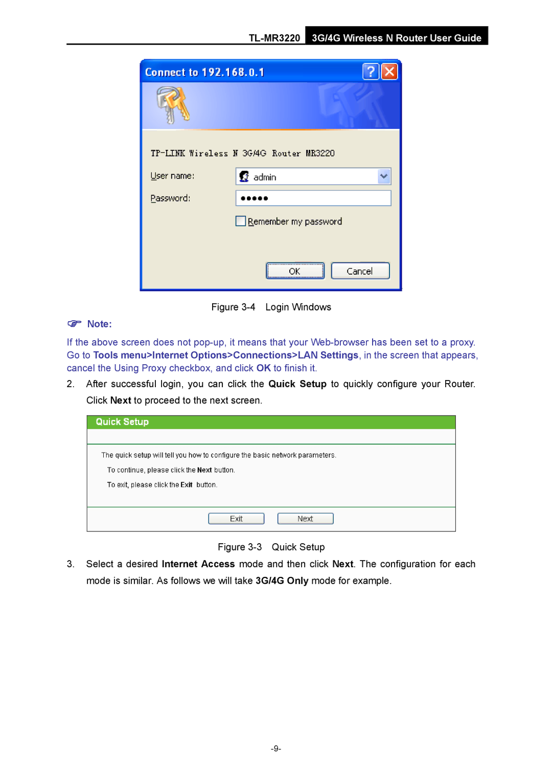 TP-Link TL-MR3220 manual Login Windows 