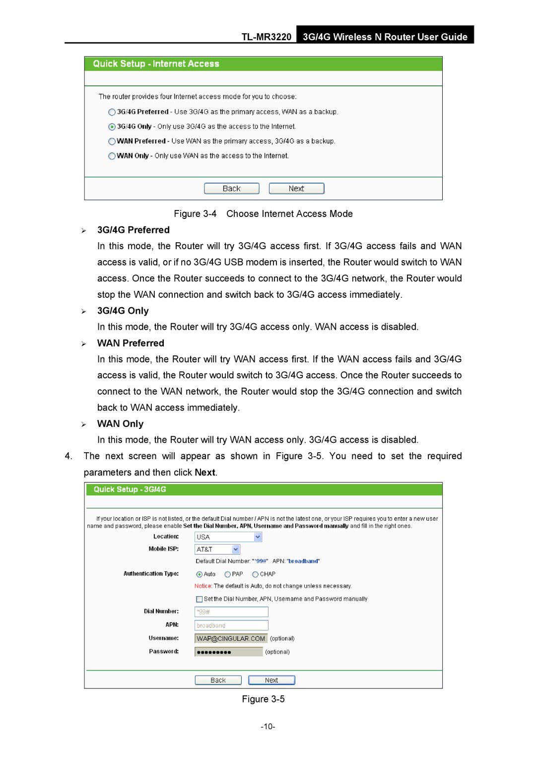 TP-Link TL-MR3220 manual ¾ 3G/4G Preferred, ¾ 3G/4G Only, ¾ WAN Preferred, ¾ WAN Only 