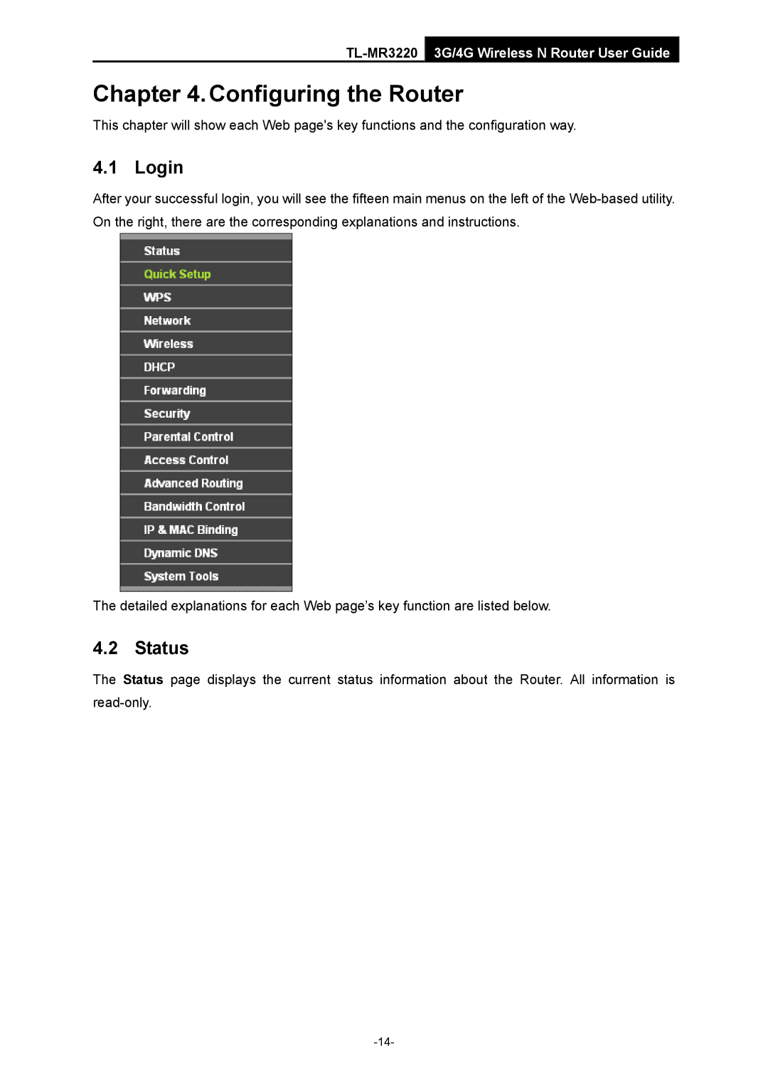 TP-Link TL-MR3220 manual Login, Status 