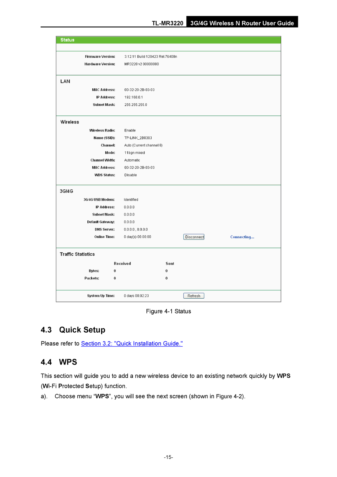 TP-Link TL-MR3220 manual Quick Setup, Wps 