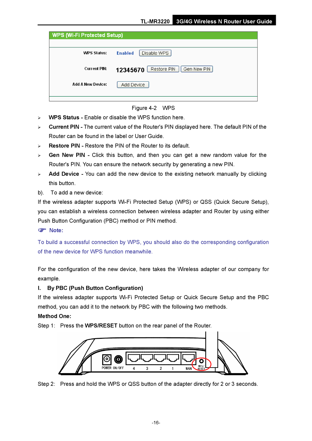 TP-Link TL-MR3220 manual By PBC Push Button Configuration, Method One 