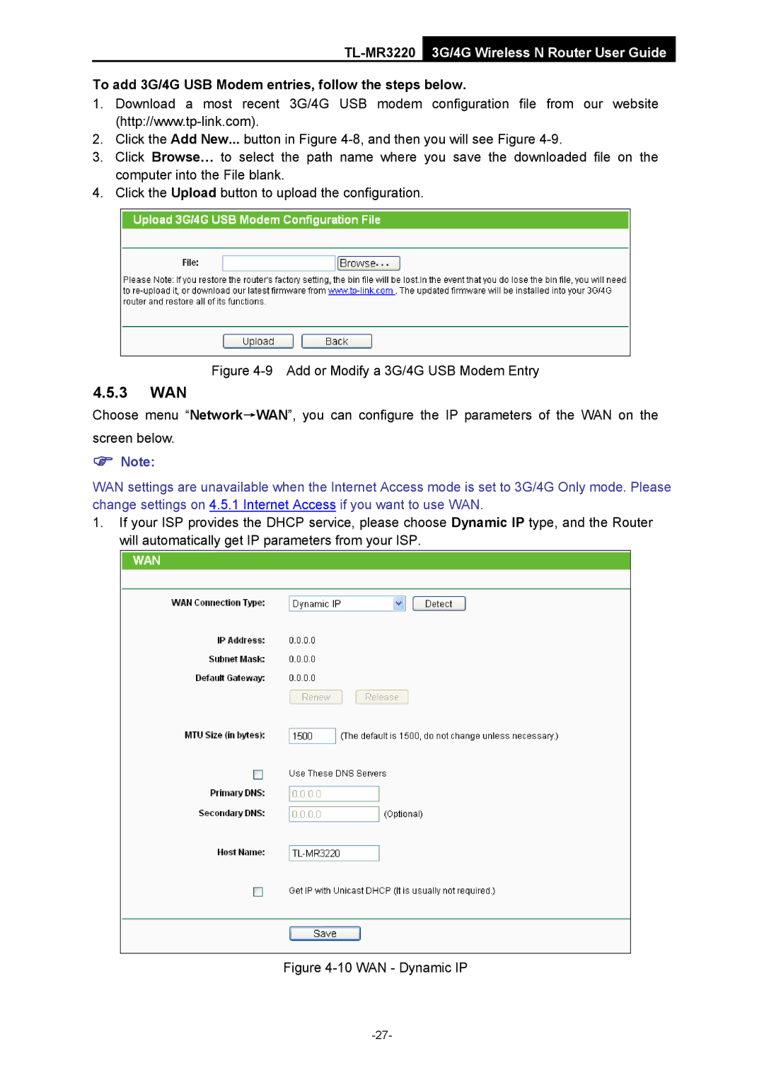 TP-Link TL-MR3220 manual 3 WAN, To add 3G/4G USB Modem entries, follow the steps below 