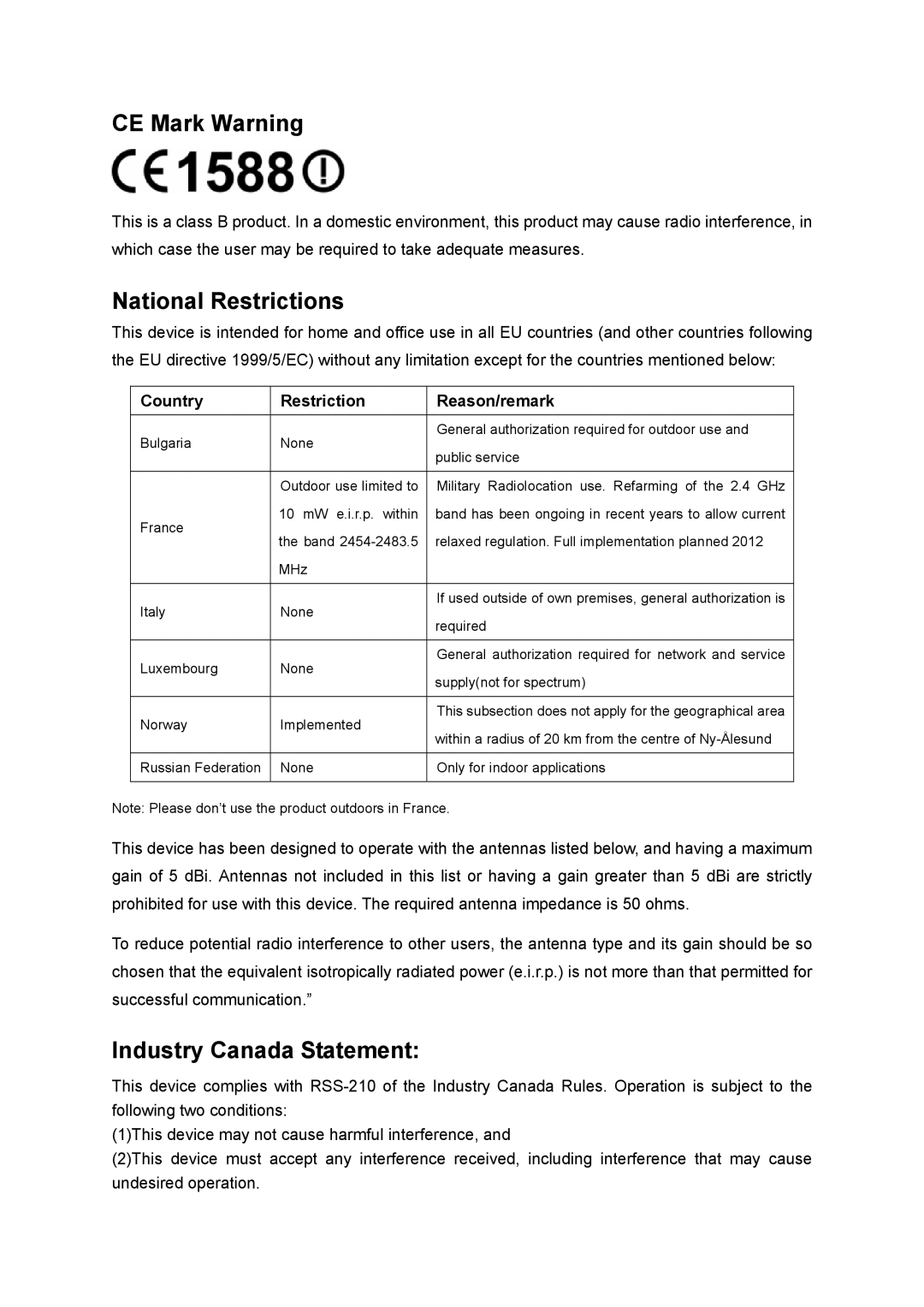 TP-Link TL-MR3220 manual CE Mark Warning, Country Restriction Reason/remark 