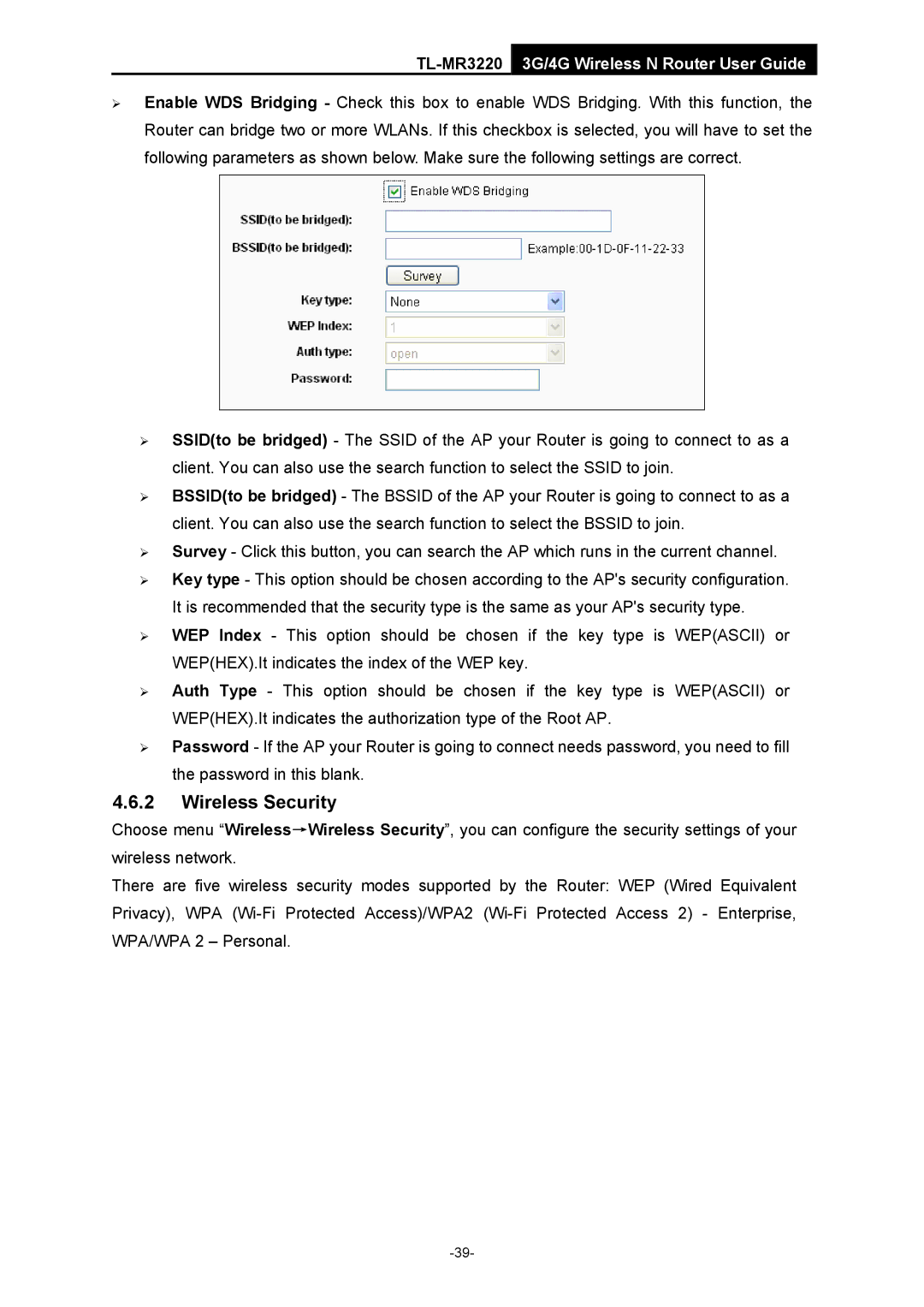 TP-Link TL-MR3220 manual Wireless Security 