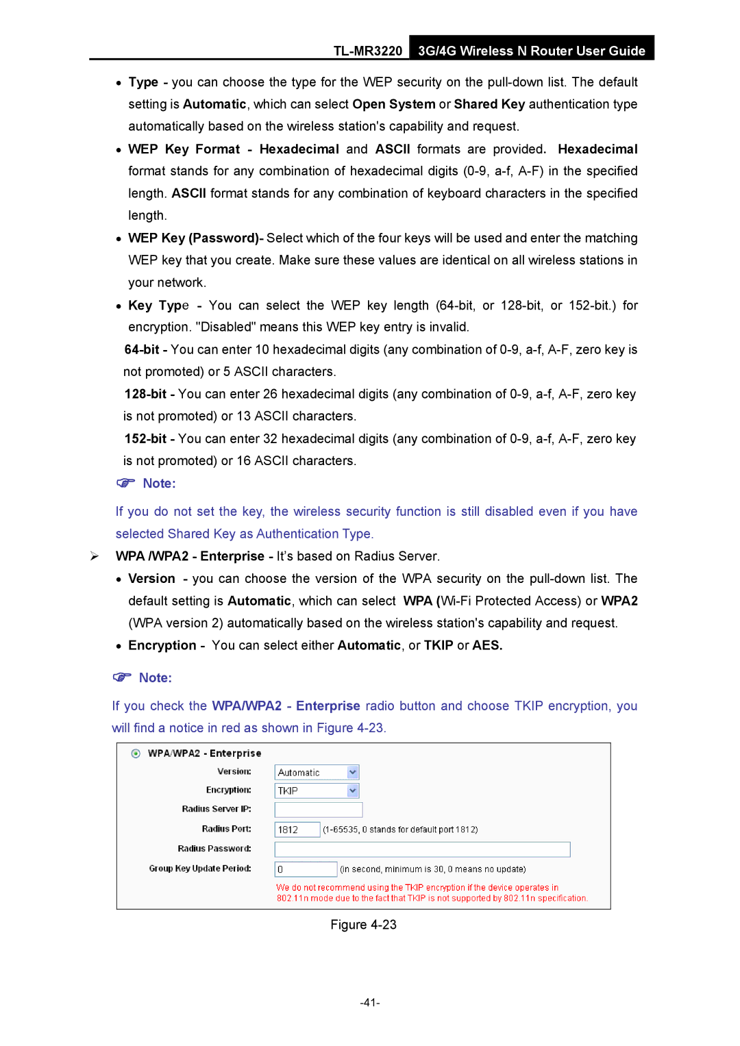 TP-Link TL-MR3220 manual Encryption You can select either Automatic, or Tkip or AES 