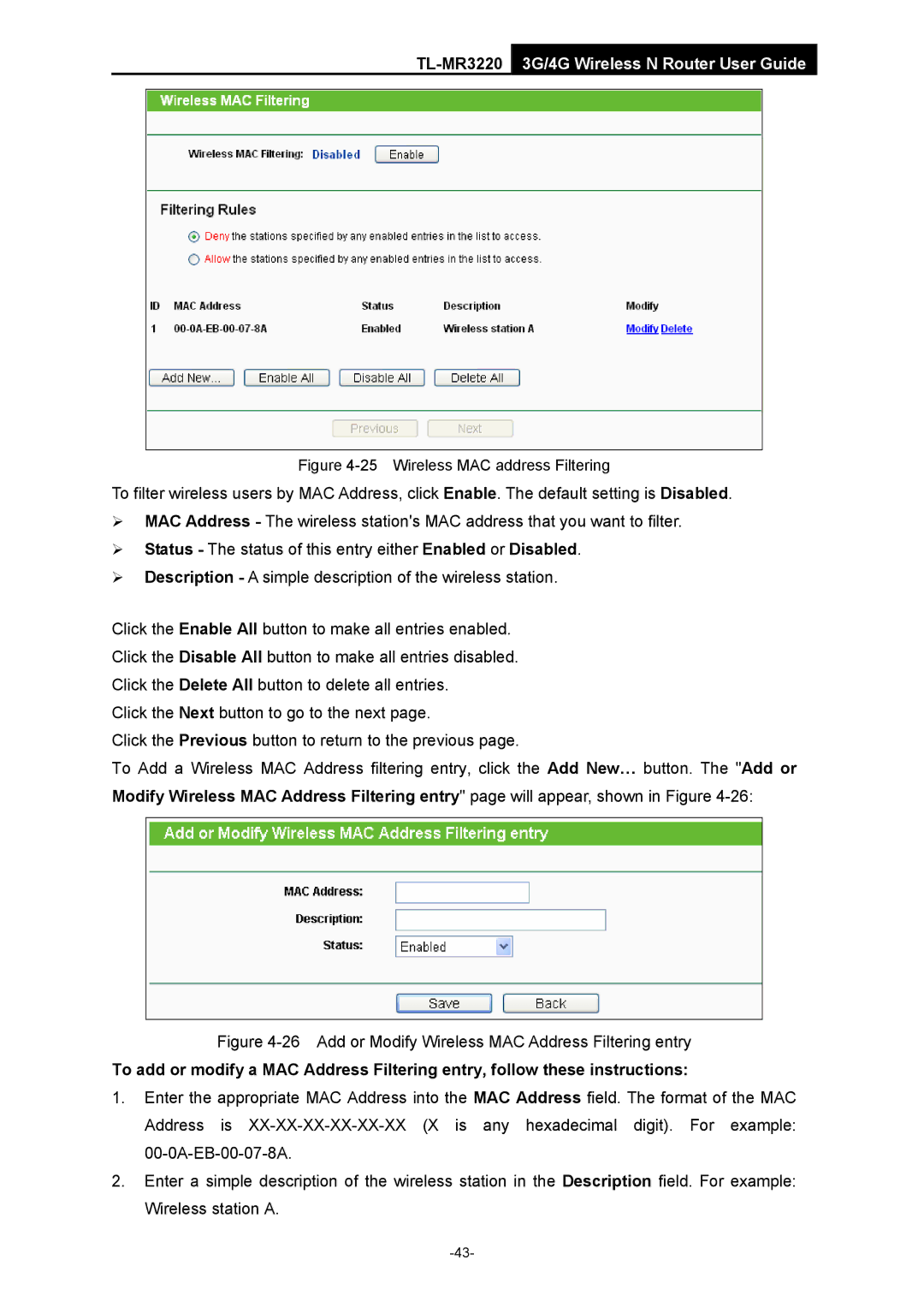 TP-Link TL-MR3220 manual Add or Modify Wireless MAC Address Filtering entry 