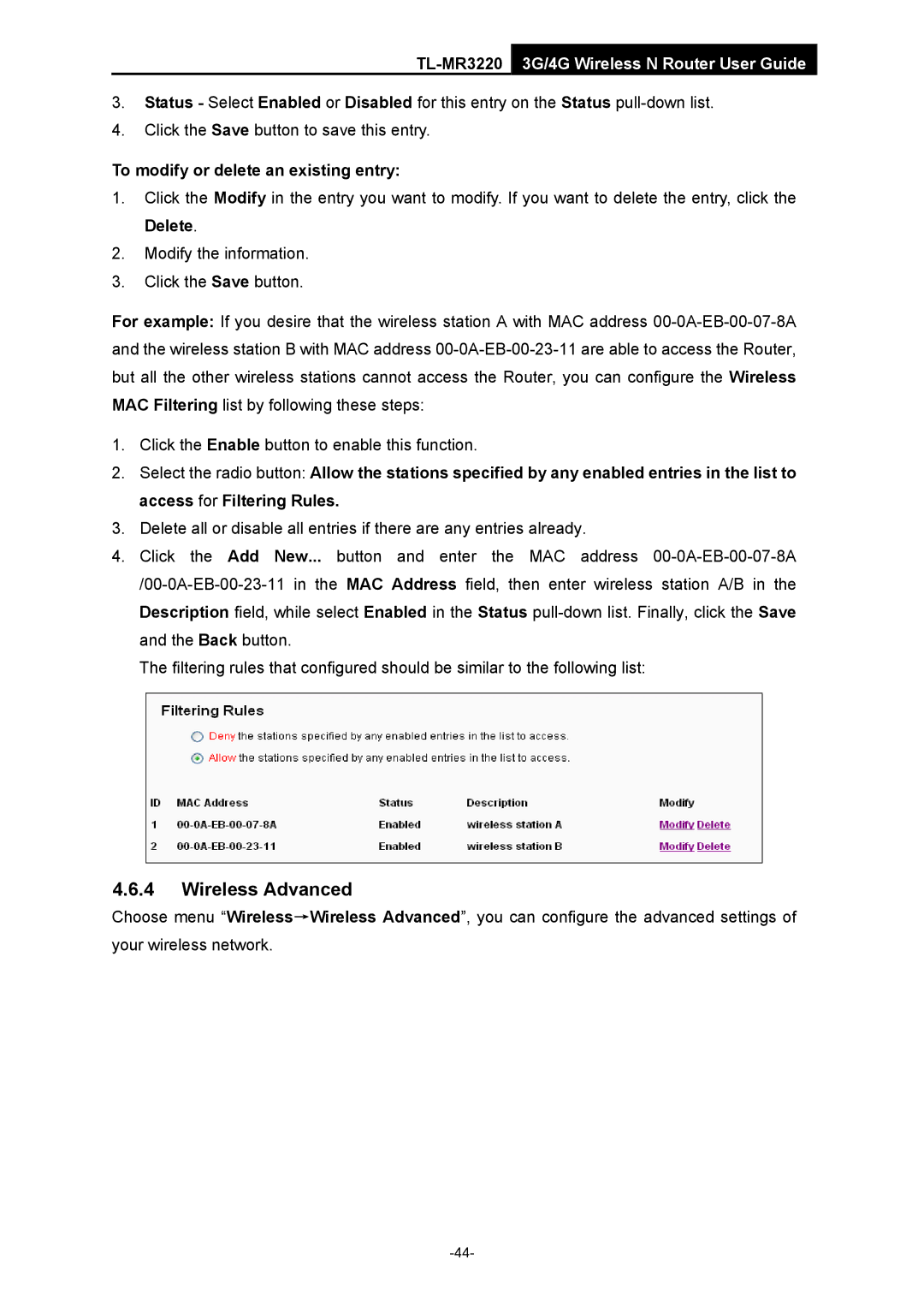 TP-Link TL-MR3220 manual Wireless Advanced, To modify or delete an existing entry 