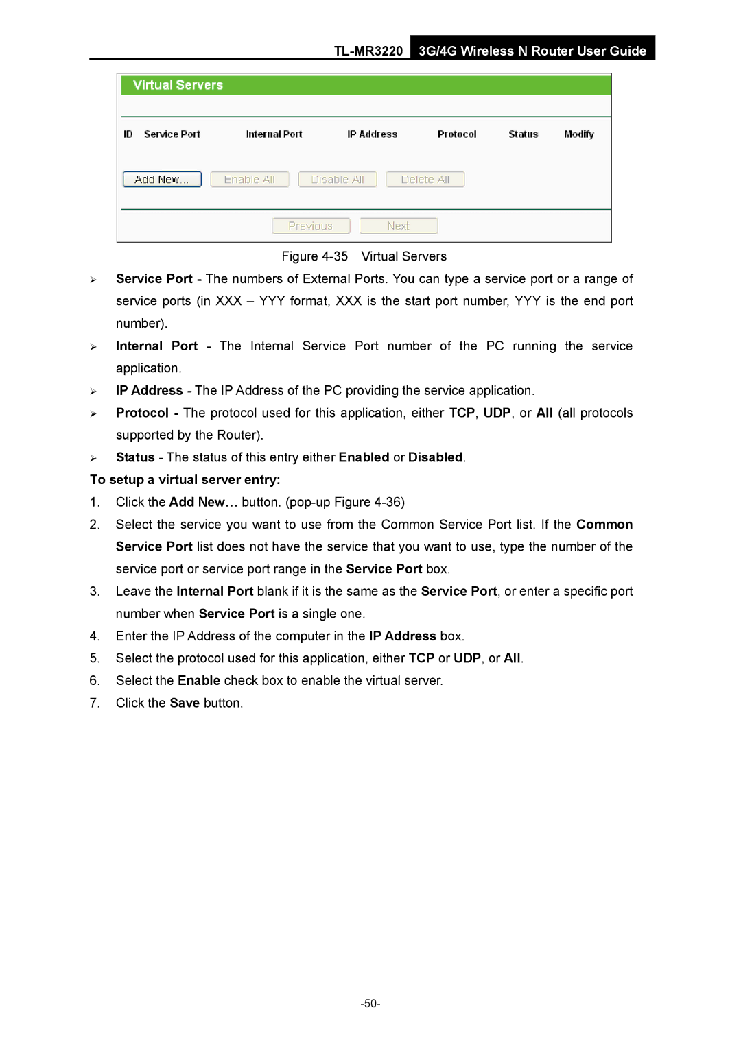 TP-Link TL-MR3220 manual To setup a virtual server entry 