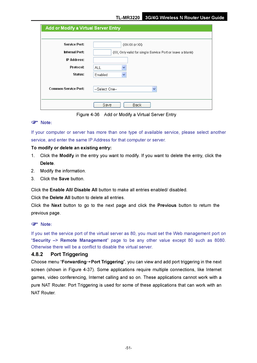 TP-Link TL-MR3220 manual Port Triggering, Add or Modify a Virtual Server Entry 