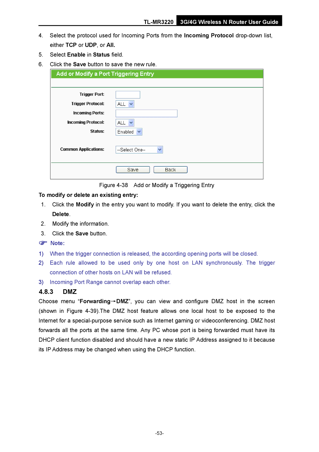 TP-Link TL-MR3220 manual 3 DMZ, Add or Modify a Triggering Entry 