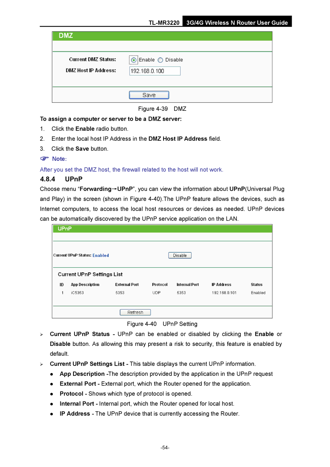 TP-Link TL-MR3220 manual UPnP, To assign a computer or server to be a DMZ server 