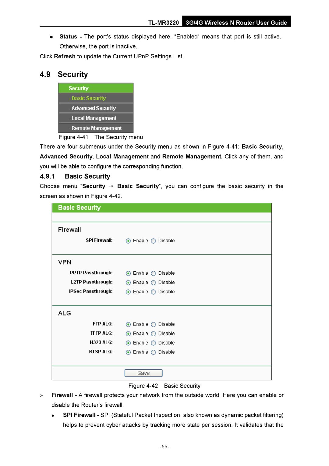 TP-Link TL-MR3220 manual Basic Security 