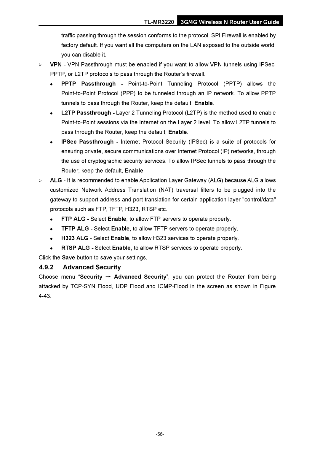 TP-Link TL-MR3220 manual Advanced Security 