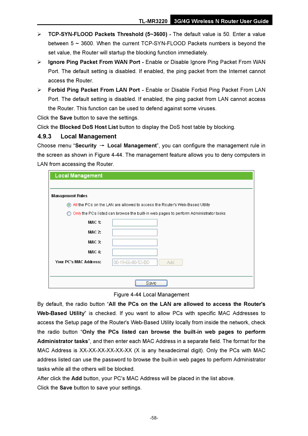 TP-Link TL-MR3220 manual Local Management 