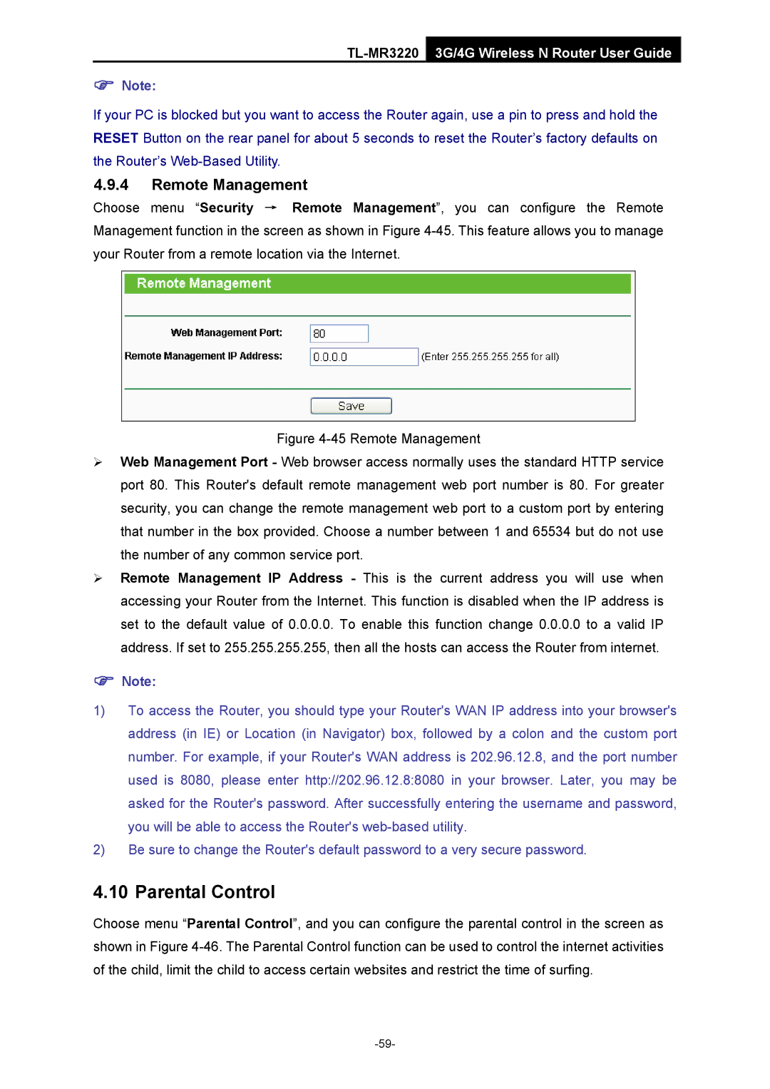 TP-Link TL-MR3220 manual Parental Control, Remote Management 