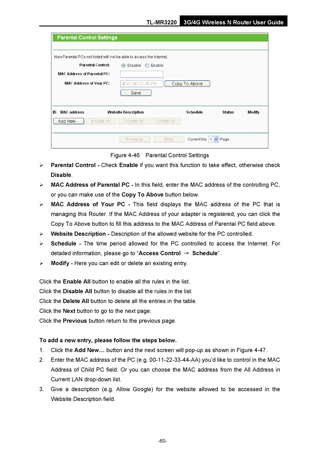 TP-Link TL-MR3220 manual To add a new entry, please follow the steps below 