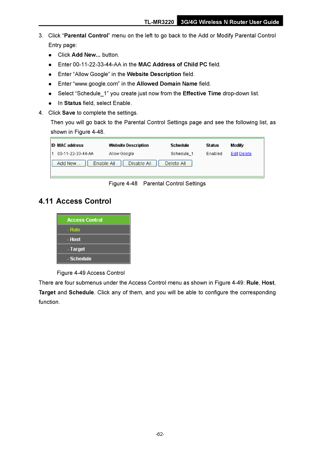 TP-Link TL-MR3220 manual Access Control, Parental Control Settings 