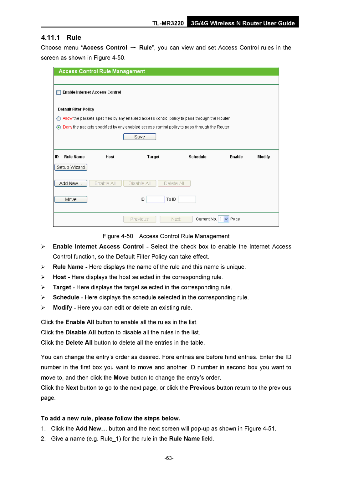 TP-Link TL-MR3220 manual Rule, To add a new rule, please follow the steps below 