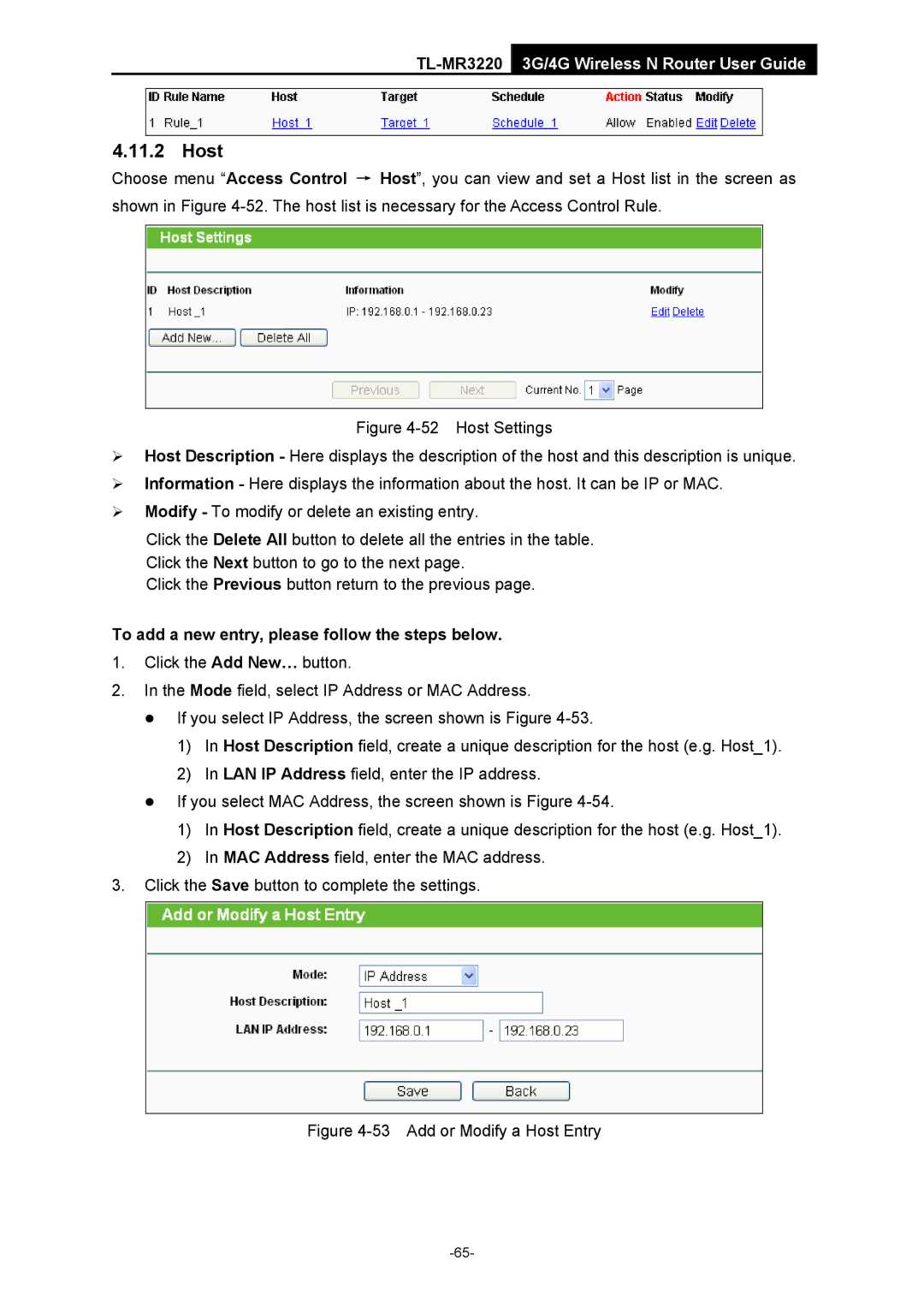 TP-Link TL-MR3220 manual Add or Modify a Host Entry 