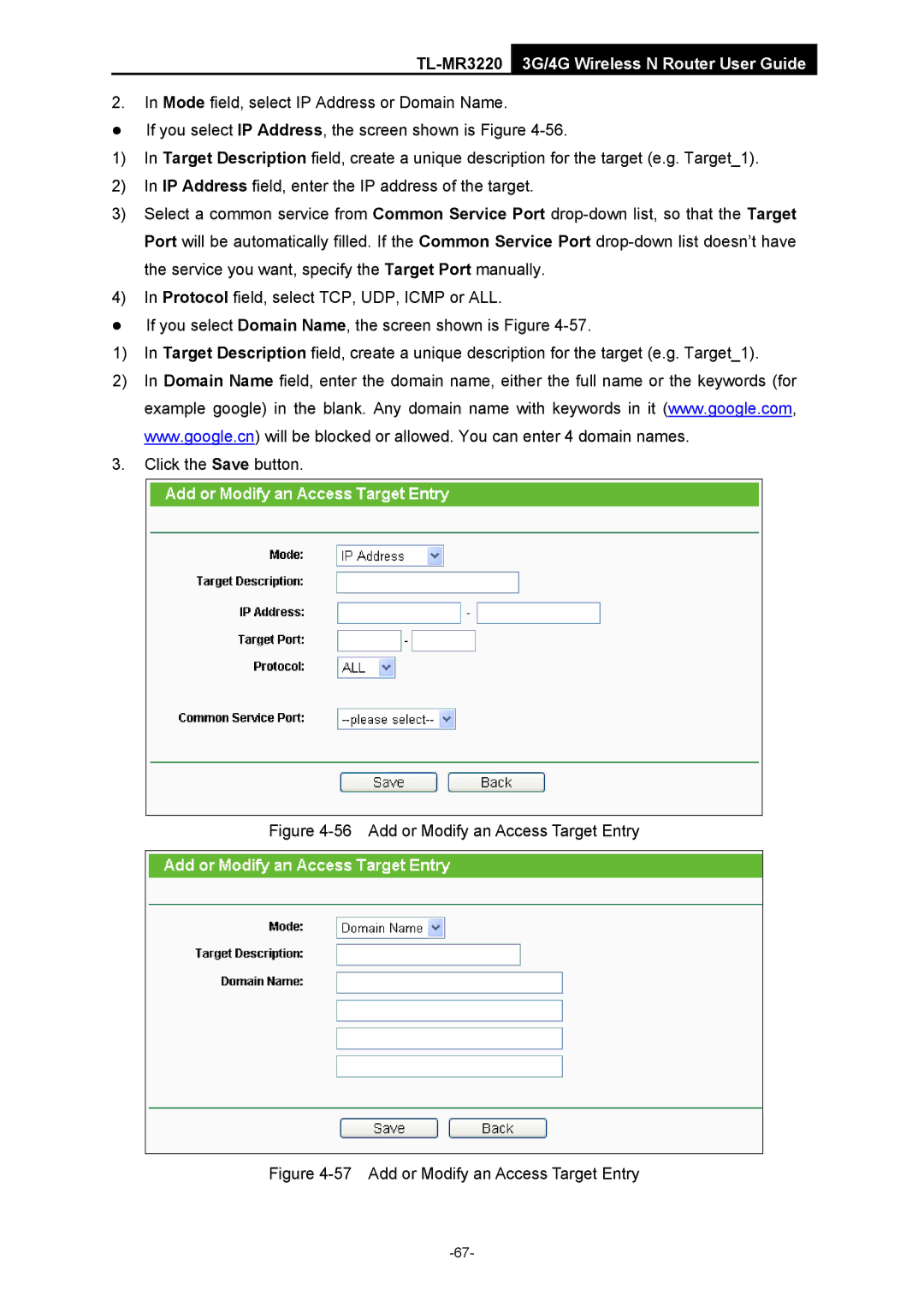 TP-Link TL-MR3220 manual Add or Modify an Access Target Entry 