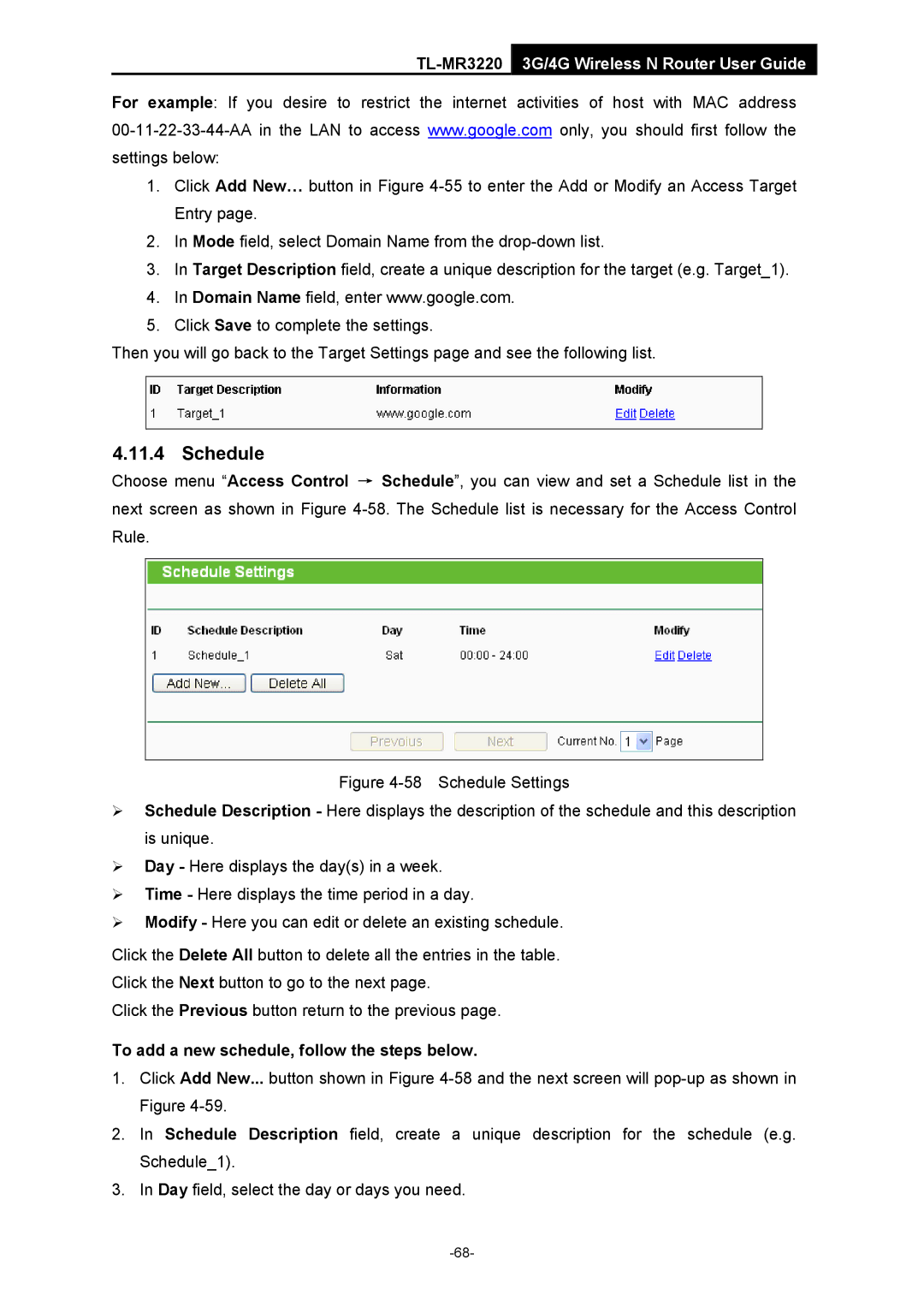 TP-Link TL-MR3220 manual Schedule, To add a new schedule, follow the steps below 