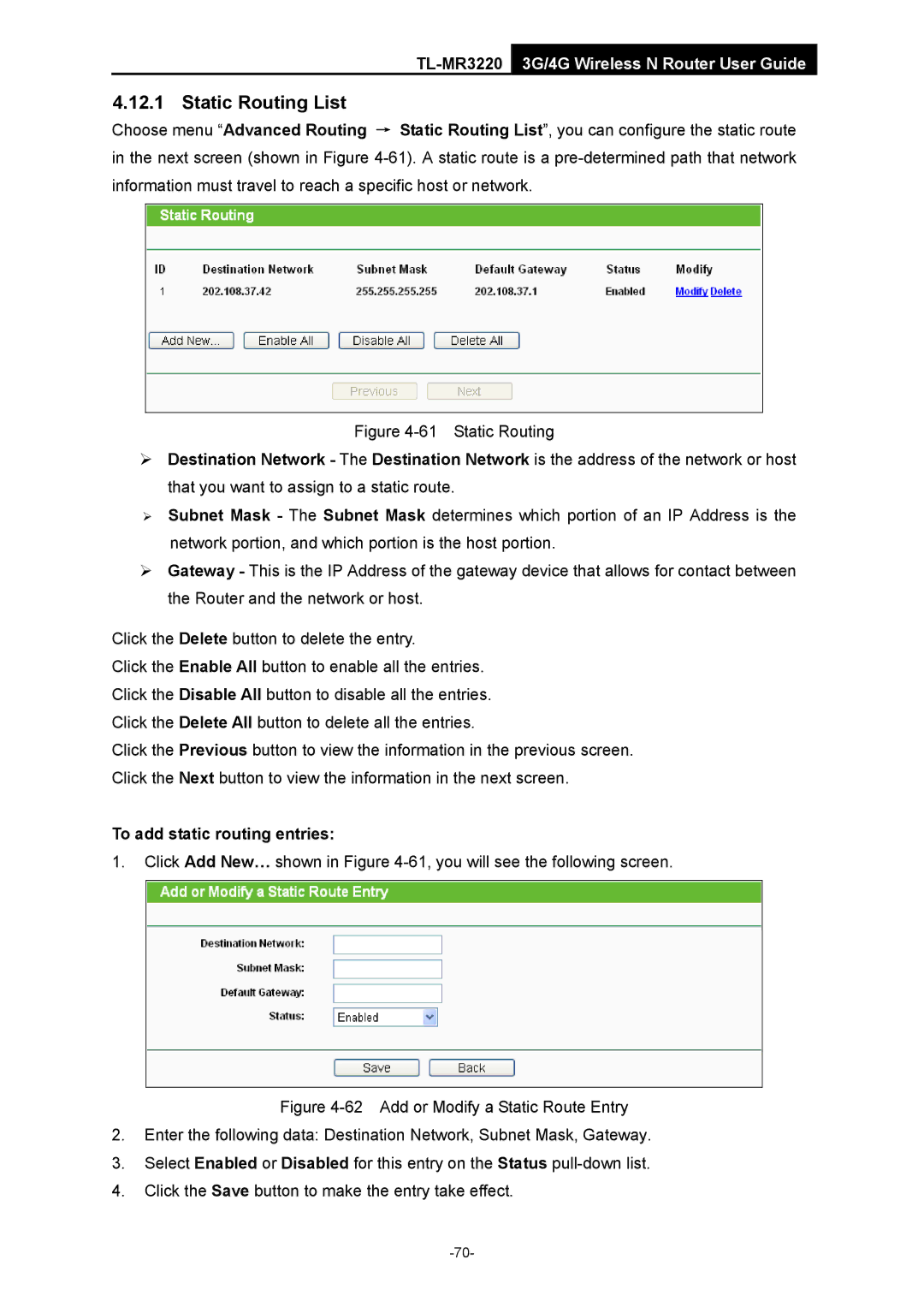 TP-Link TL-MR3220 manual Static Routing List, To add static routing entries 