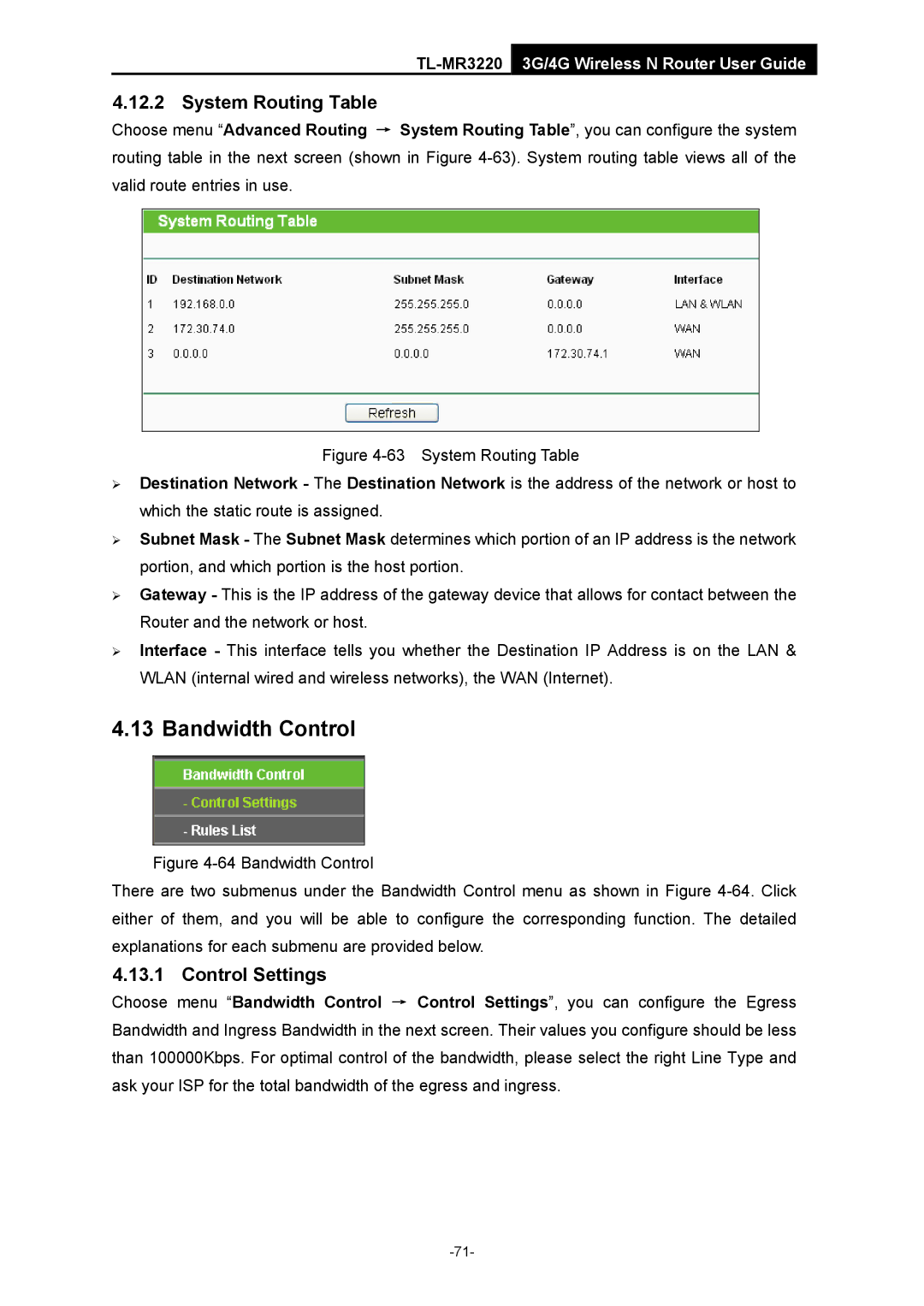 TP-Link TL-MR3220 manual Bandwidth Control, System Routing Table, Control Settings 