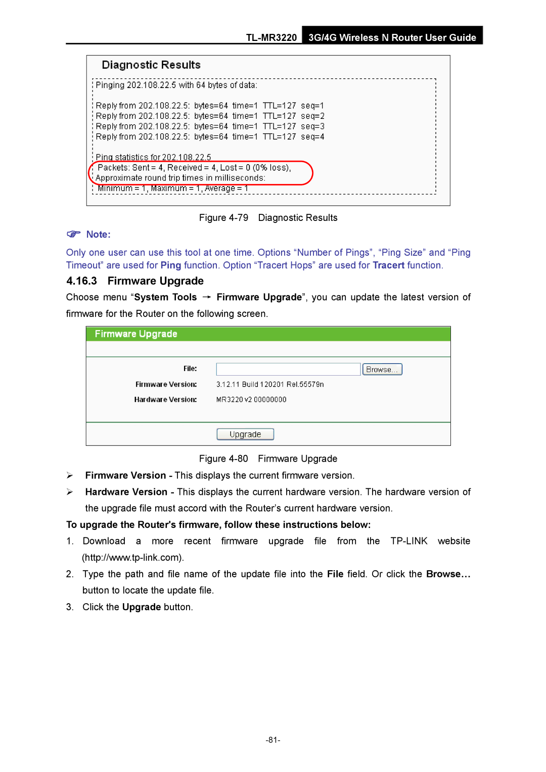 TP-Link TL-MR3220 manual Firmware Upgrade, Diagnostic Results 