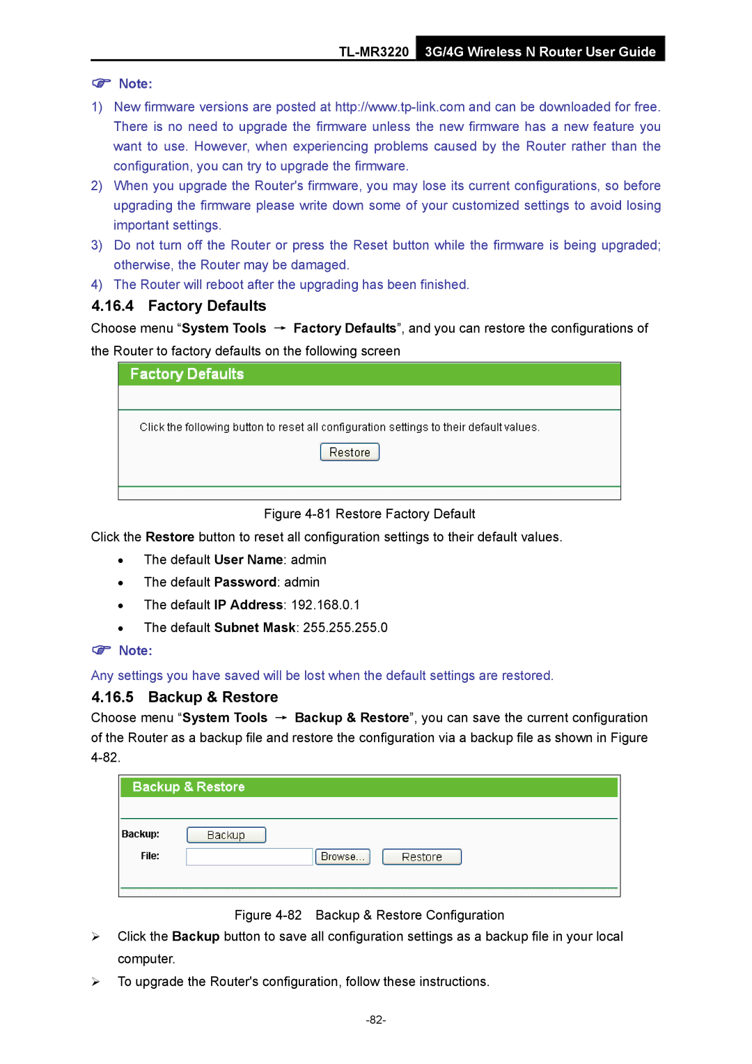 TP-Link TL-MR3220 manual Factory Defaults, Backup & Restore 