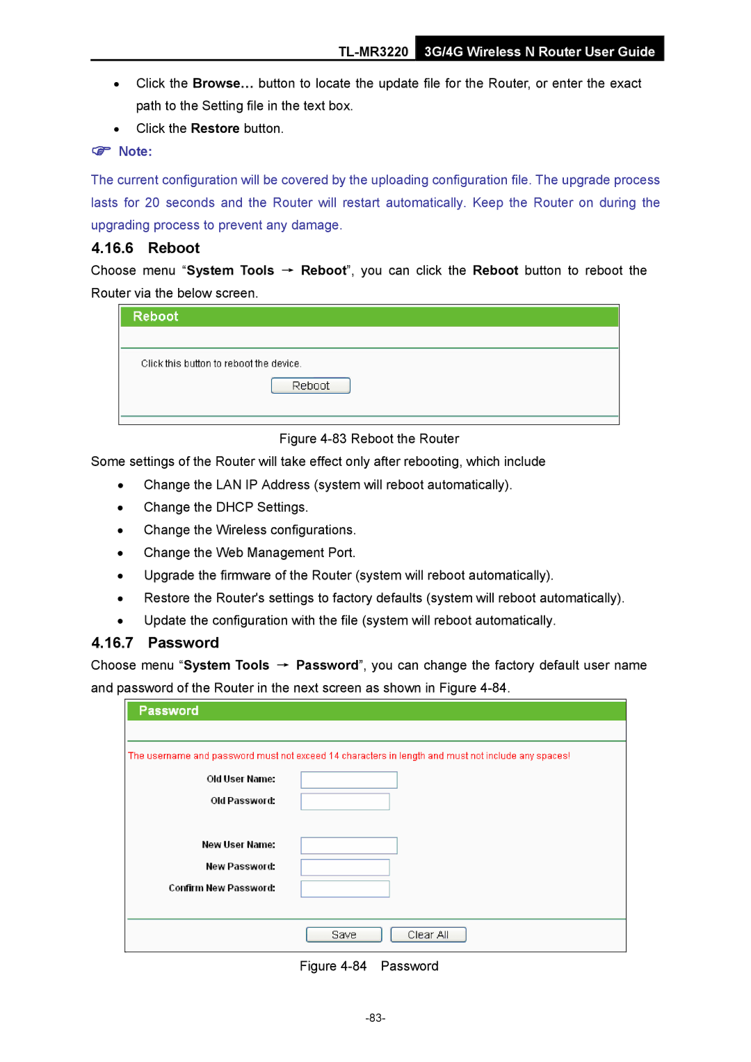 TP-Link TL-MR3220 manual Reboot, Password 