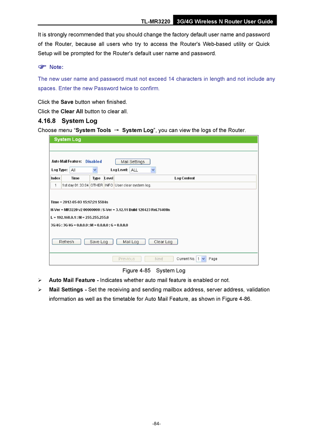 TP-Link TL-MR3220 manual System Log 