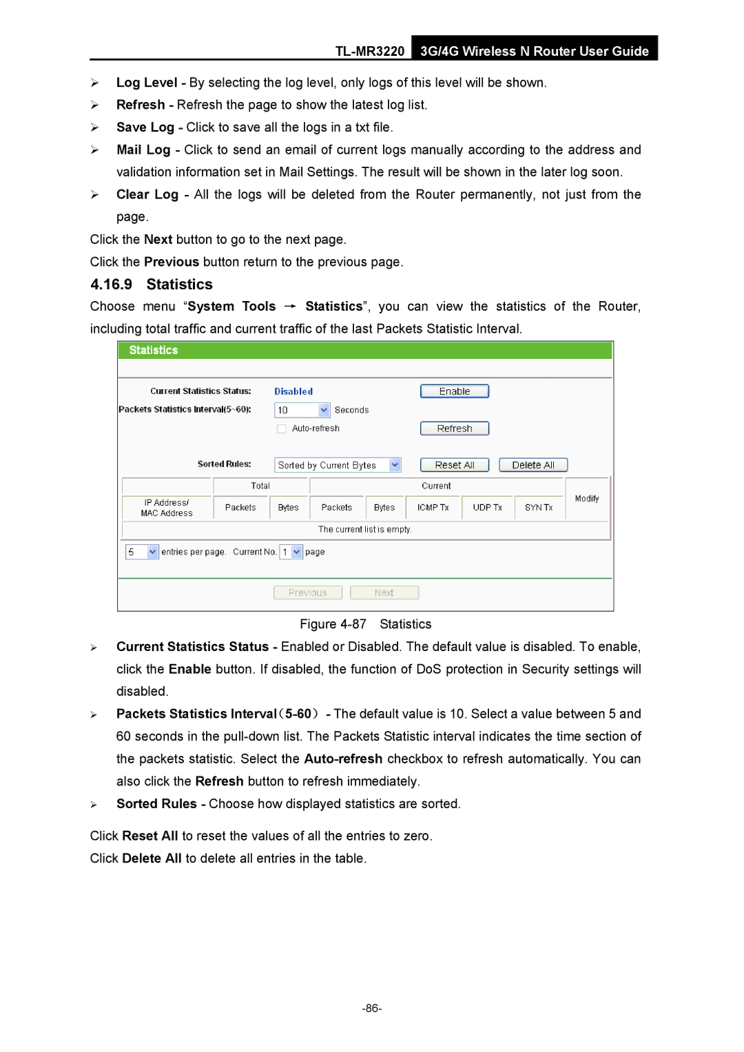 TP-Link TL-MR3220 manual Statistics 