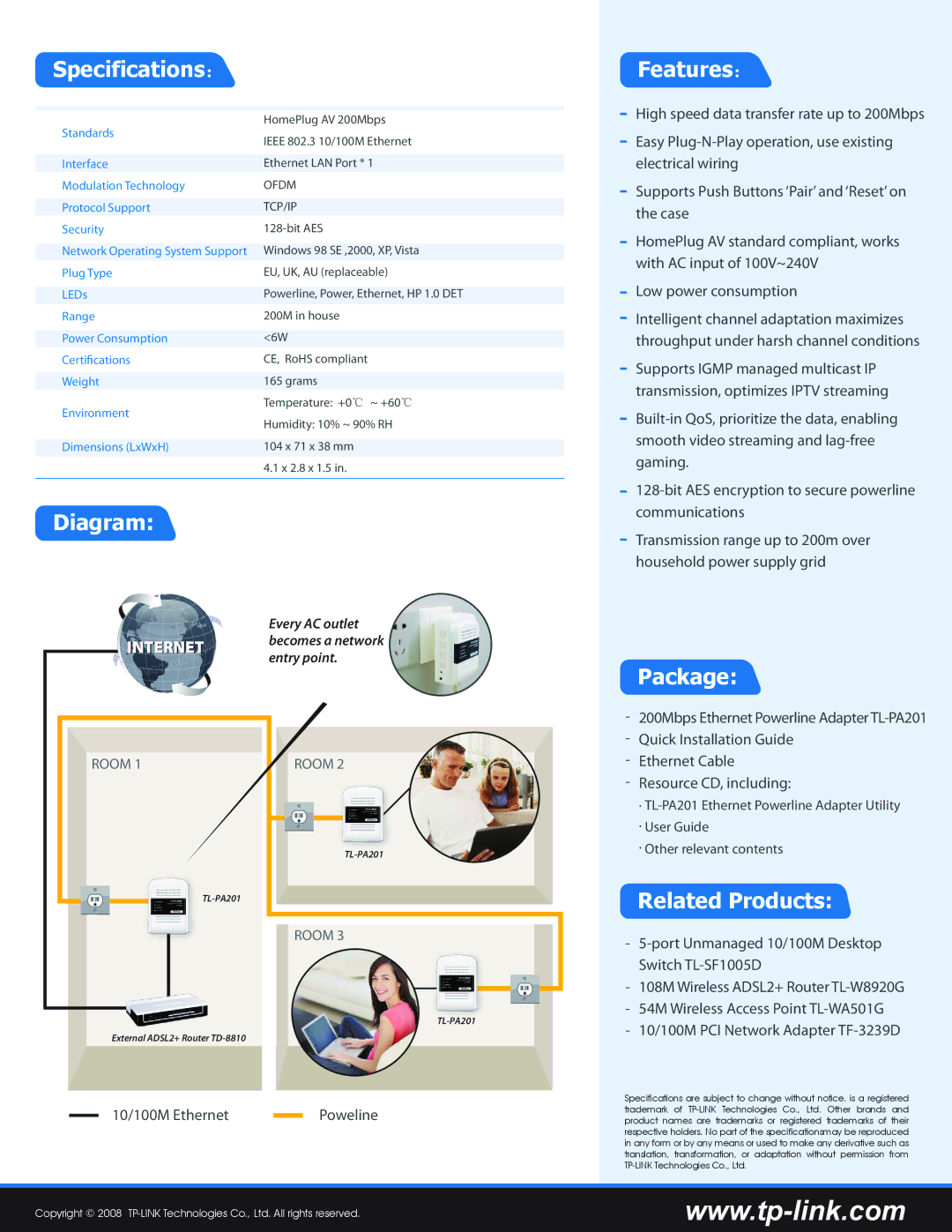 TP-Link TL-PA201 manual Specifications： Features：, Diagram, Package, Related Products 