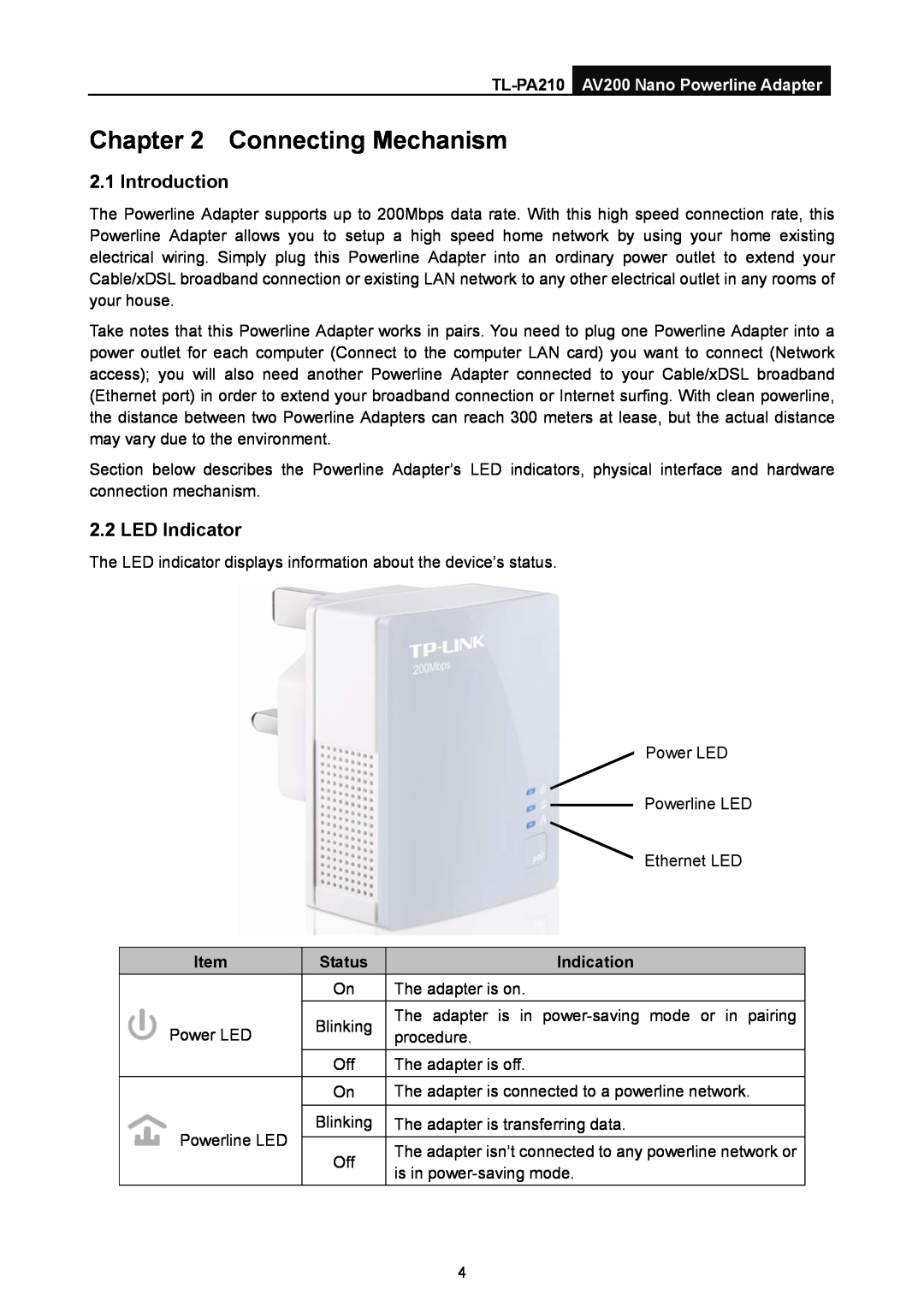 TP-Link TL-PA210 manual Connecting Mechanism, Introduction, LED Indicator, Status, Indication 
