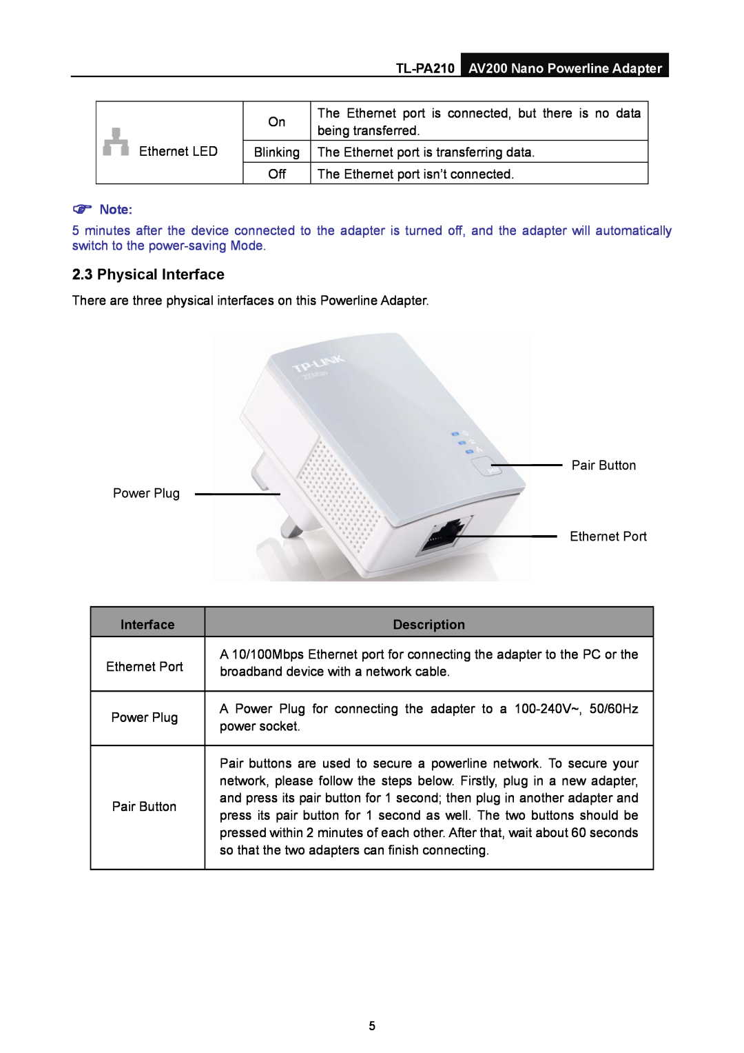 TP-Link TL-PA210 manual Physical Interface, Description 