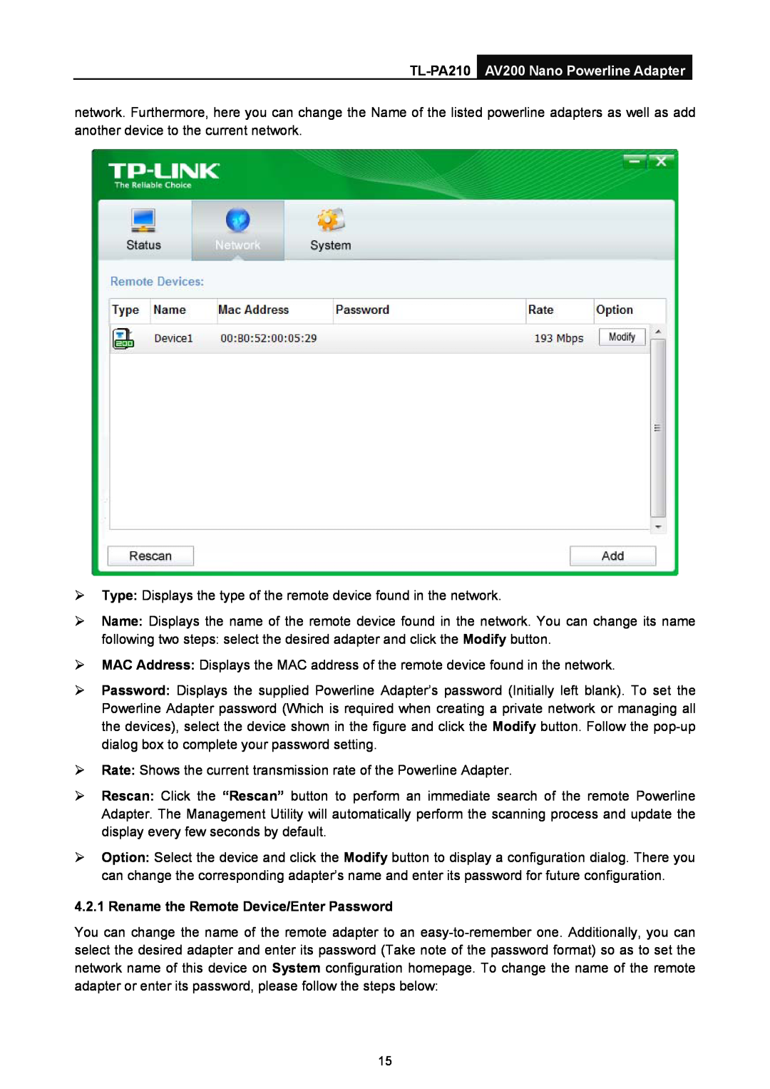 TP-Link manual Rename the Remote Device/Enter Password, TL-PA210 AV200 Nano Powerline Adapter 