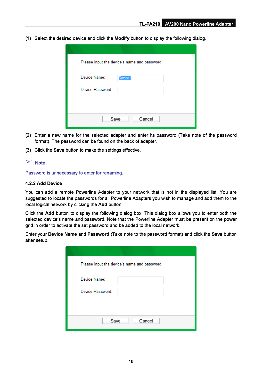 TP-Link manual Password is unnecessary to enter for renaming, Add Device, TL-PA210 AV200 Nano Powerline Adapter 