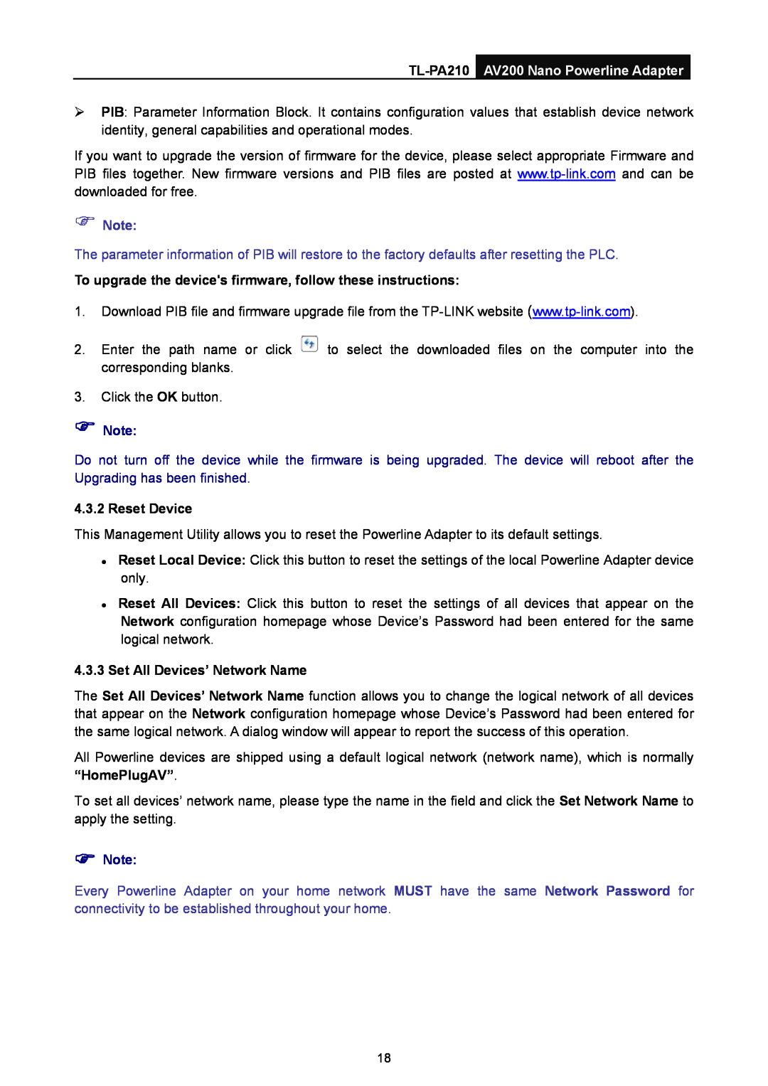 TP-Link TL-PA210 To upgrade the devices firmware, follow these instructions, Reset Device, Set All Devices’ Network Name 