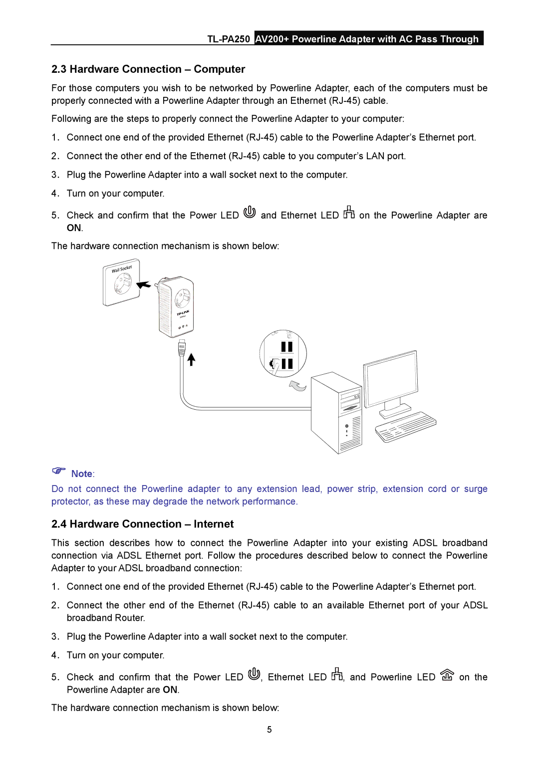 TP-Link TL-PA250 manual Hardware Connection Computer, Hardware Connection Internet 