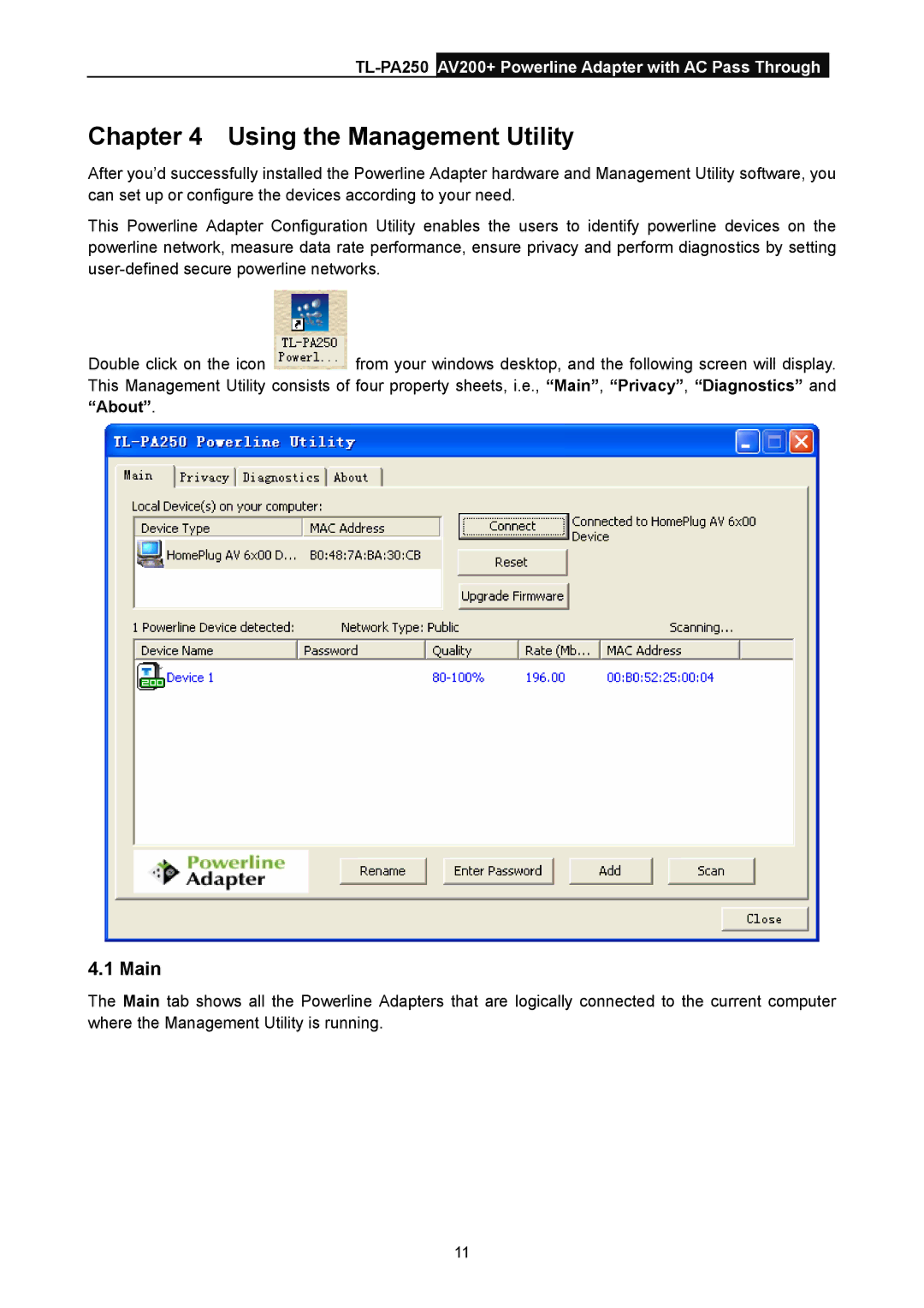 TP-Link TL-PA250 manual Using the Management Utility, Main 