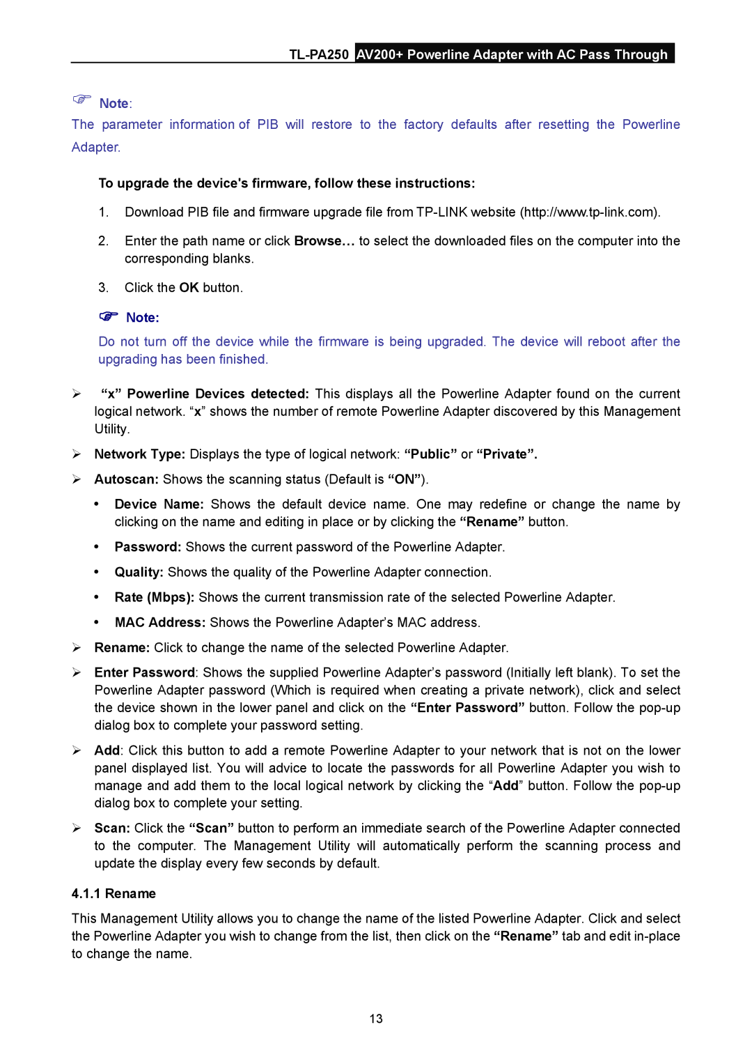 TP-Link TL-PA250 manual To upgrade the devices firmware, follow these instructions, Rename 