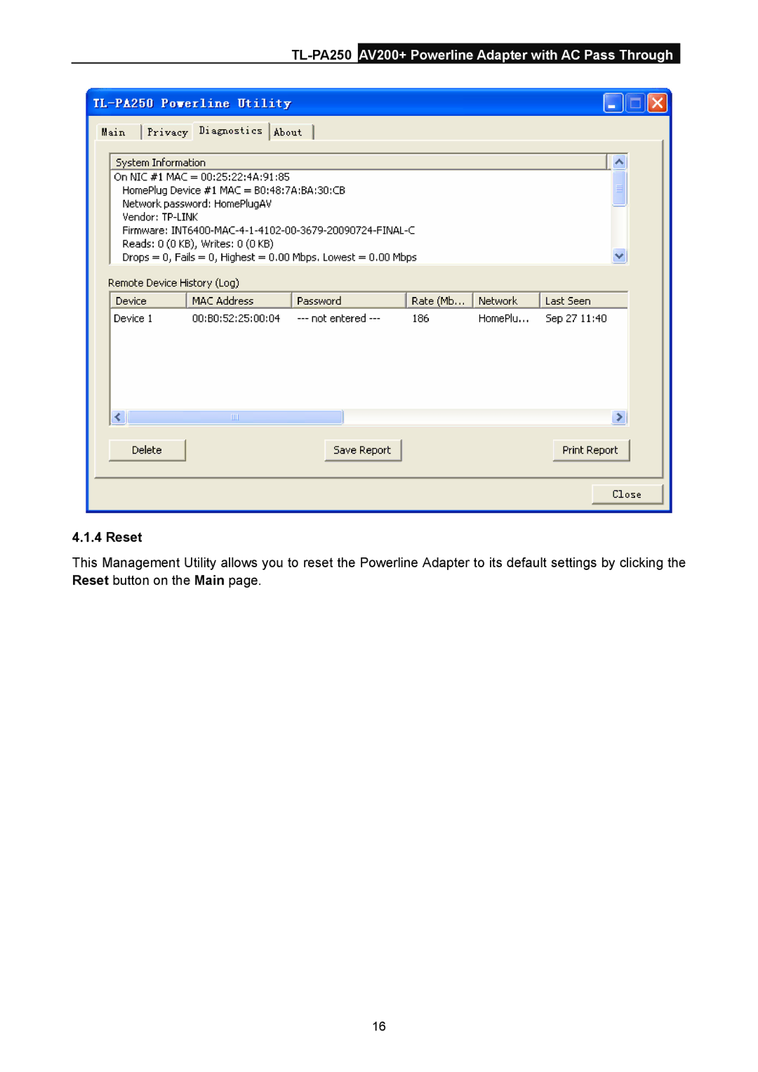 TP-Link TL-PA250 manual Reset 