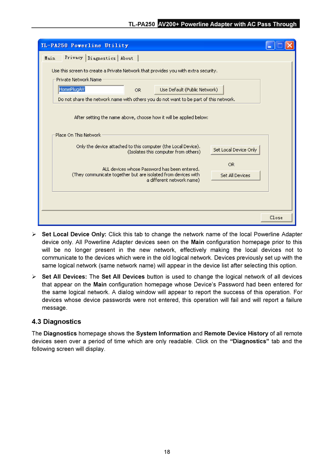 TP-Link TL-PA250 manual Diagnostics 