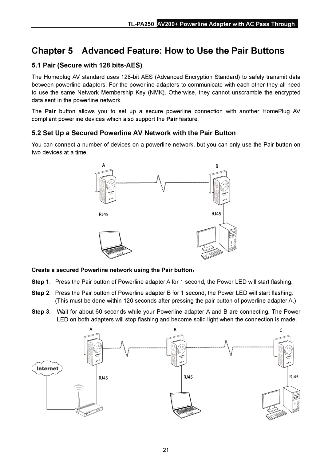 TP-Link TL-PA250 manual Advanced Feature How to Use the Pair Buttons, Pair Secure with 128 bits-AES 