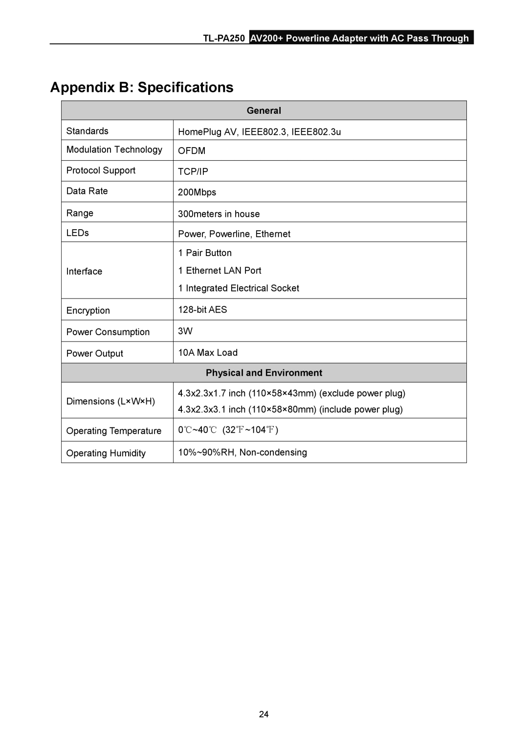 TP-Link TL-PA250 manual Appendix B Specifications, General, Physical and Environment 