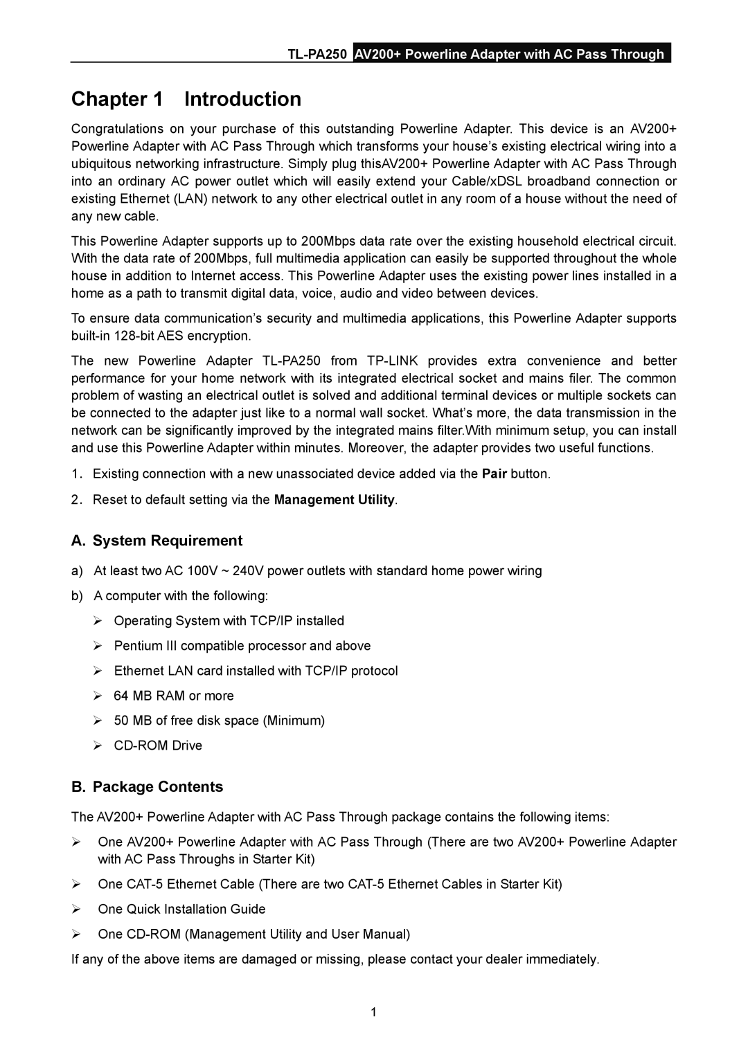 TP-Link TL-PA250 manual Introduction, System Requirement, Package Contents 