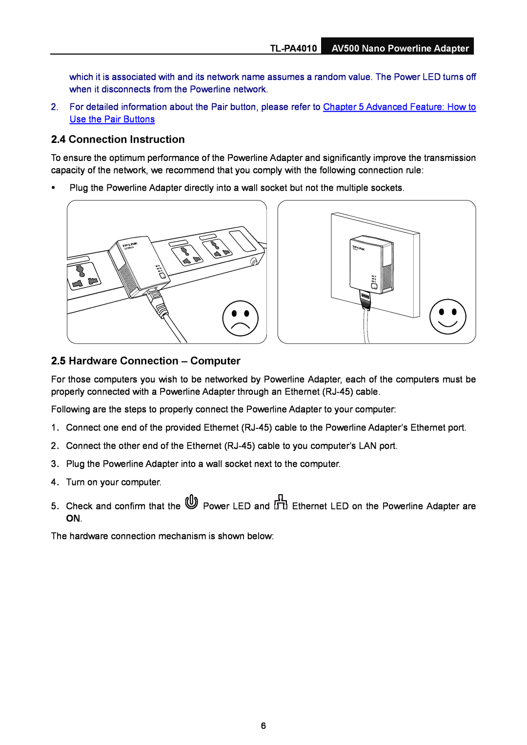 TP-Link manual Connection Instruction, Hardware Connection - Computer, TL-PA4010 AV500 Nano Powerline Adapter 