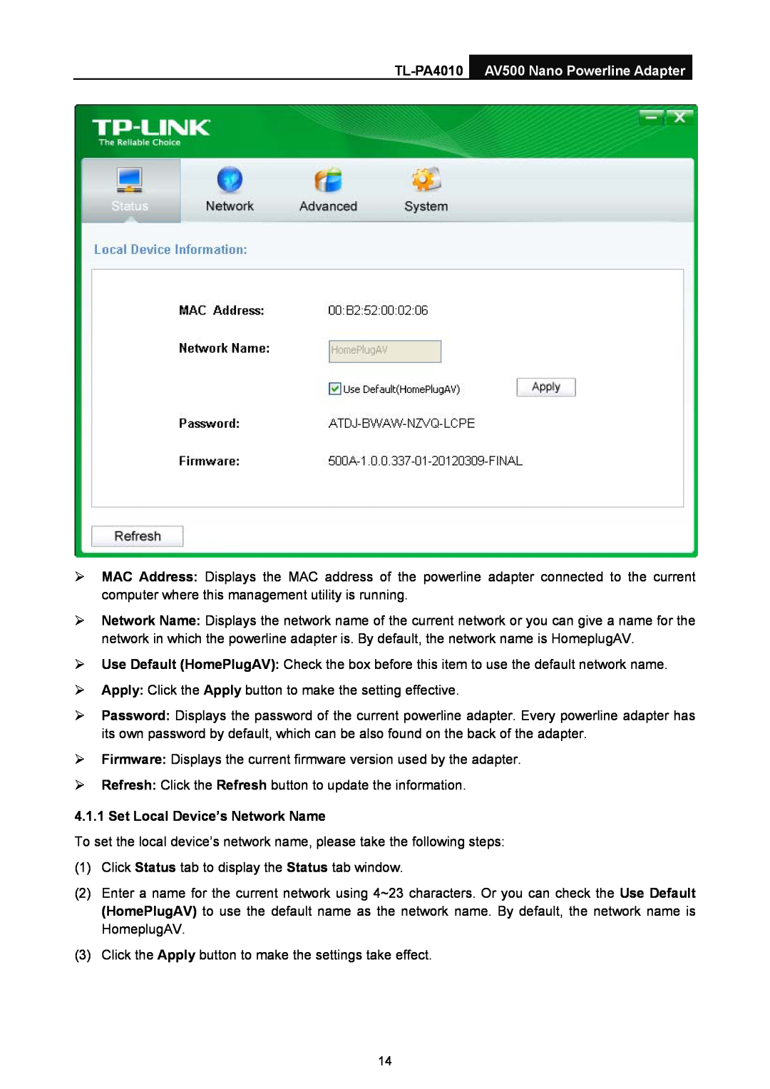 TP-Link manual TL-PA4010 AV500 Nano Powerline Adapter, Set Local Device’s Network Name 